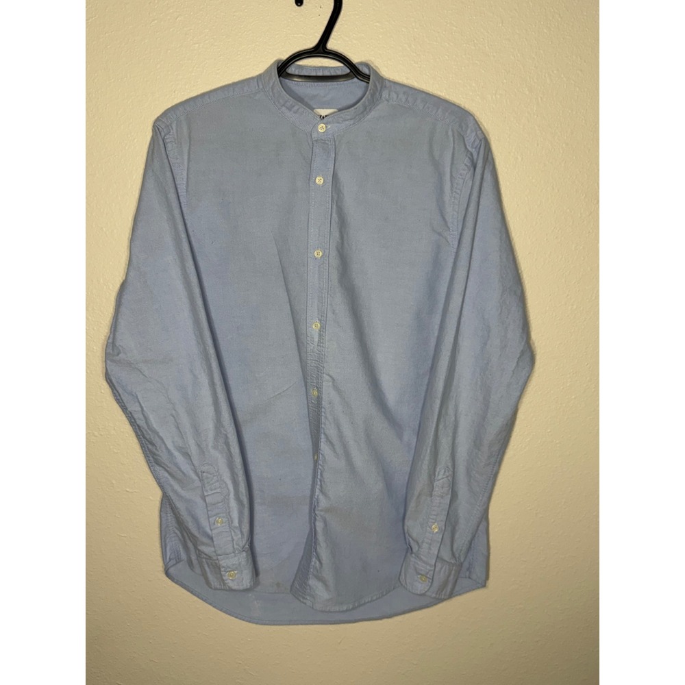 Zara Womens Blue Band Collar Oxford Shirt Relaxed Fit Long Sleeve Size M